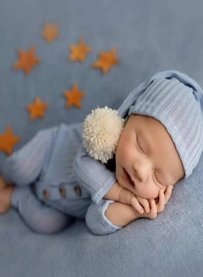 Vedory Newborn Baby Photo Shoot Props Girl Boy Crochet Knit Hat Costume Stripe Hat Pants Overalls Photography Props (Baby blue) - Image 2